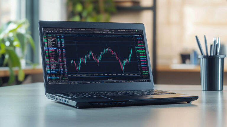 Bitcoin Lexipro 16X (30): portátil con un gráfico de cotizaciones sobre el escritorio