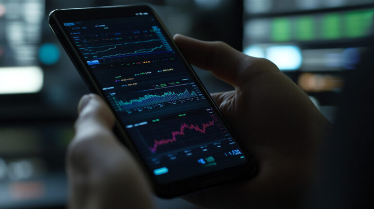 Immediate 900X Forteo (V5): smartphone affichant un graphique des cours tenu en main