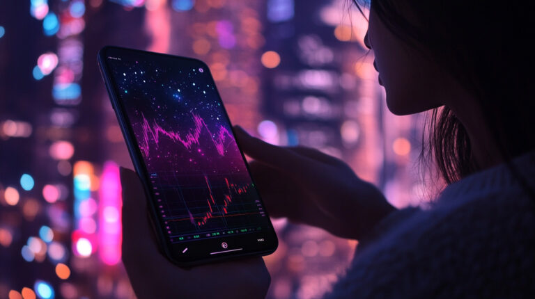 Instant 600X Lispro (V1): smartphone con un gráfico ante las luces de la ciudad nocturna