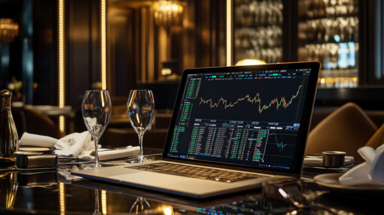 Spot V9 Lasix (0.9): ordinateur portable avec un graphique des cours sur une table de restaurant