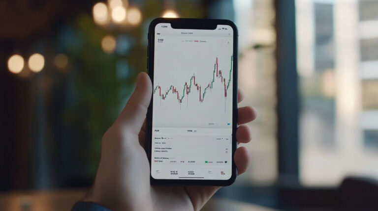 Spot 0.3 Relpax (300X): smartphone affichant un graphique des cours tenu en main